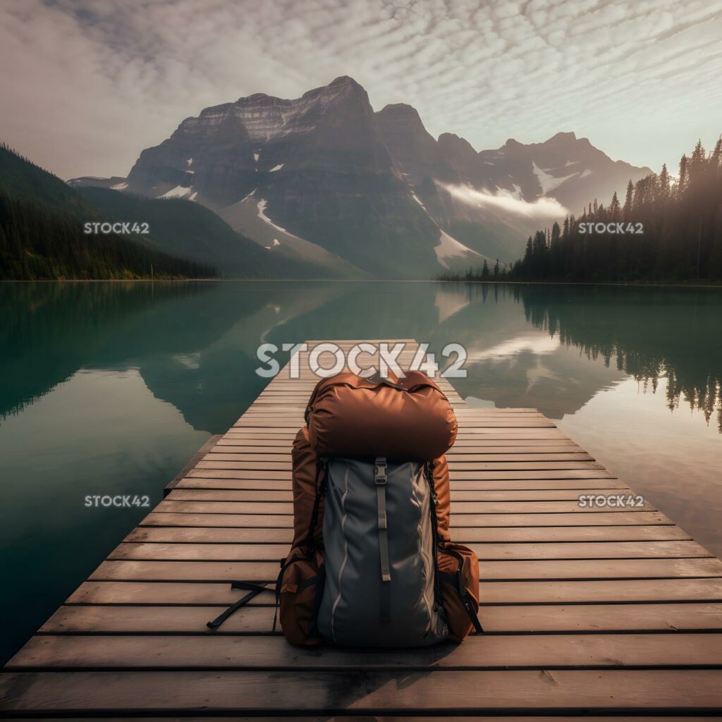 backpack and a sleeping bag sit on a wooden dock with a s one