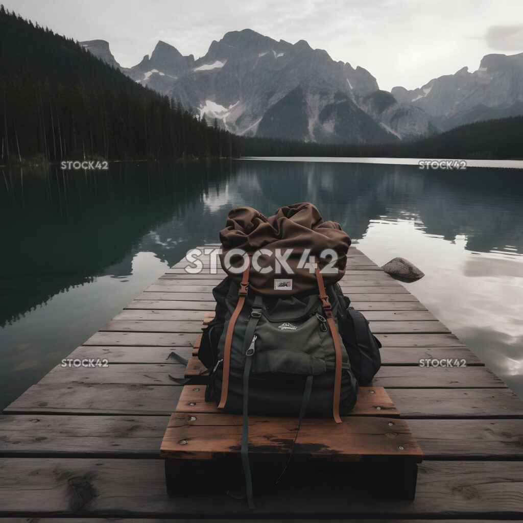 backpack and a sleeping bag sit on a wooden dock with a s three