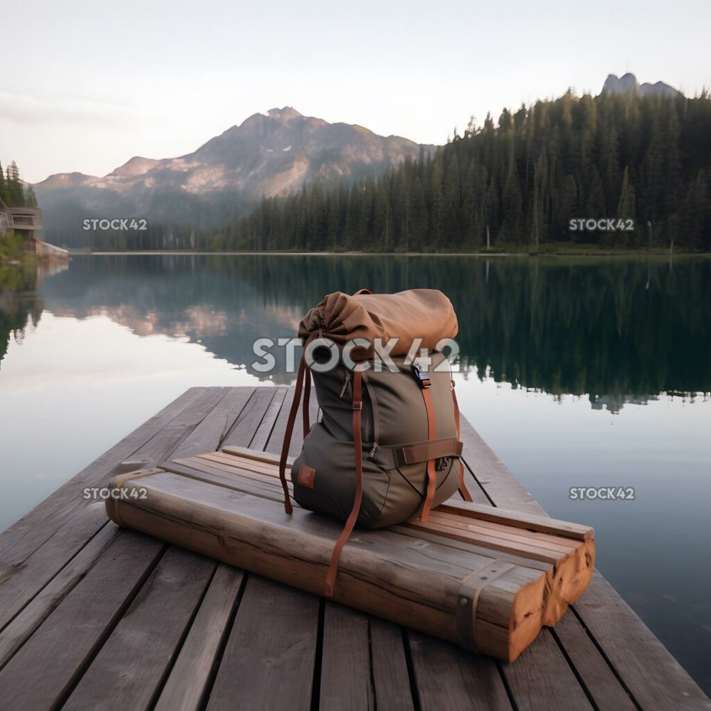 Rucksack und Schlafsack sitzen auf einem hölzernen Steg mit einem S Zwei