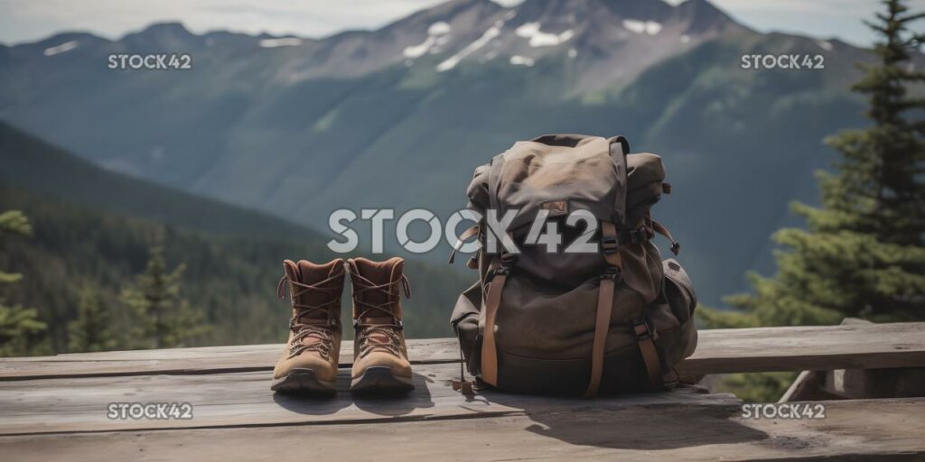 backpack and hiking boots rest on a wooden deck with a mo