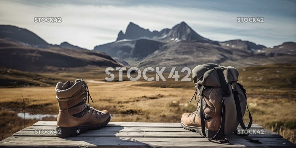 backpack and hiking boots rest on a wooden deck with a mo one