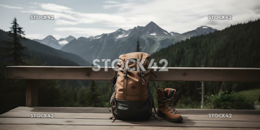 backpack and hiking boots rest on a wooden deck with a mo three