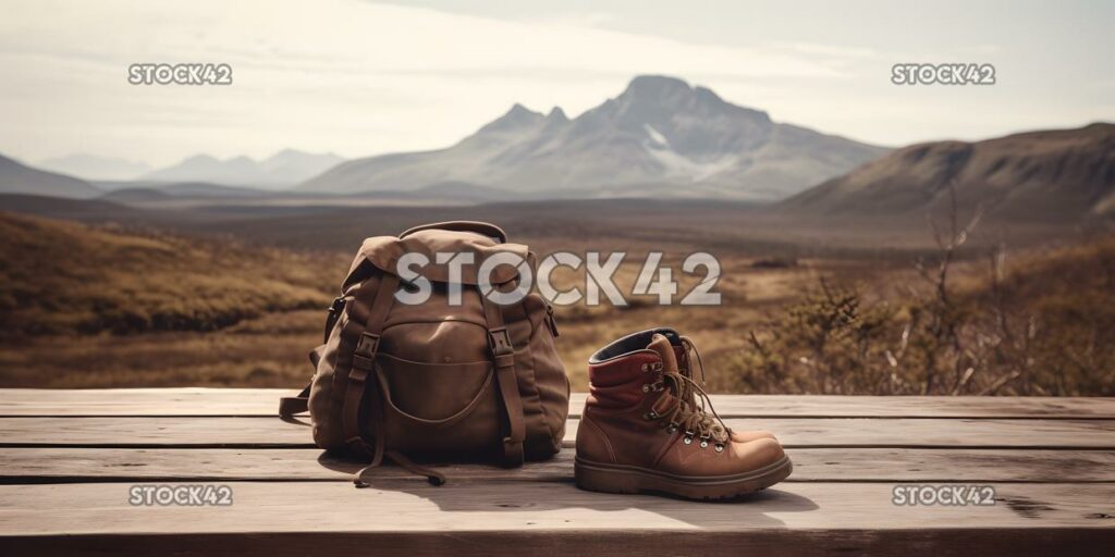 backpack and hiking boots rest on a wooden deck with a mo two