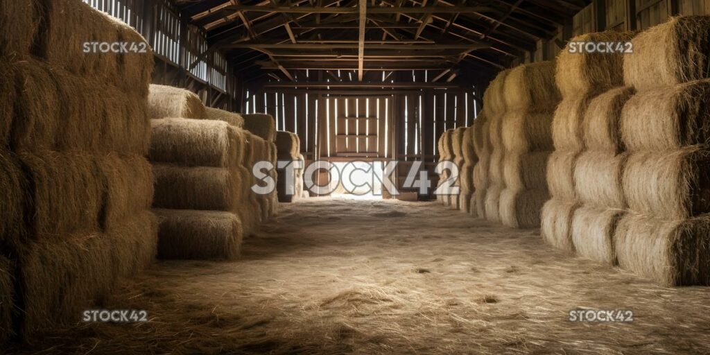 barn filled with neatly stacked hay bales ready for winte