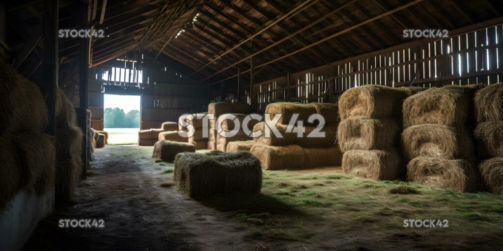 barn filled with neatly stacked hay bales ready for winte one