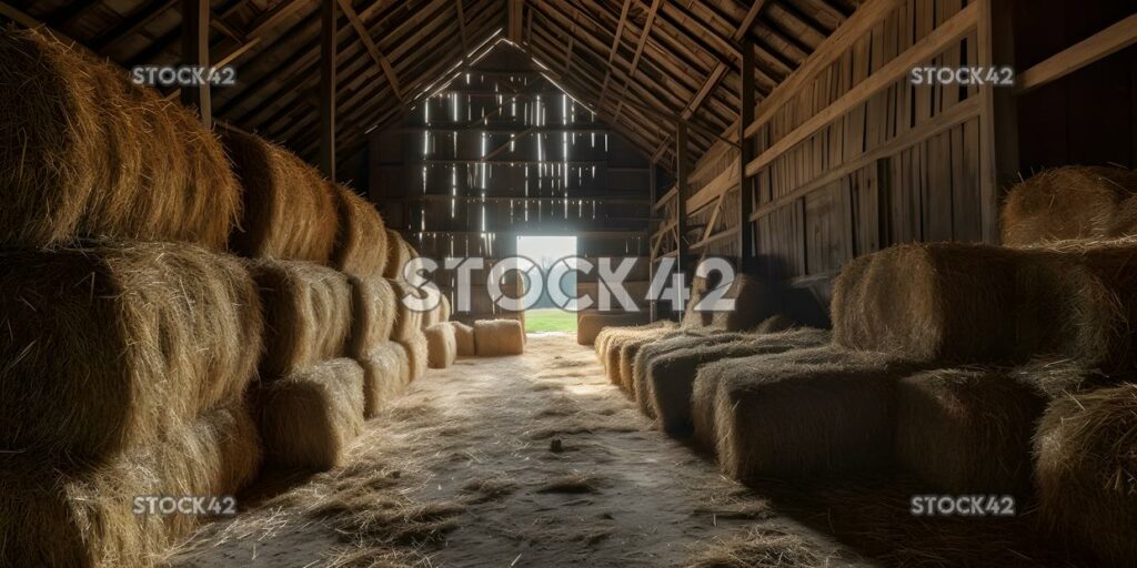 barn filled with neatly stacked hay bales ready for winte three