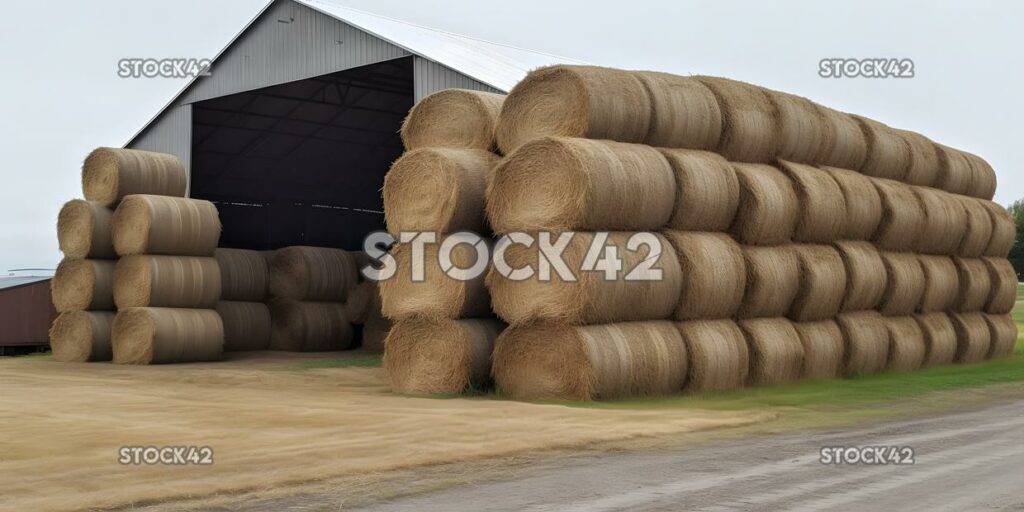 barn filled with neatly stacked hay bales ready for winte two