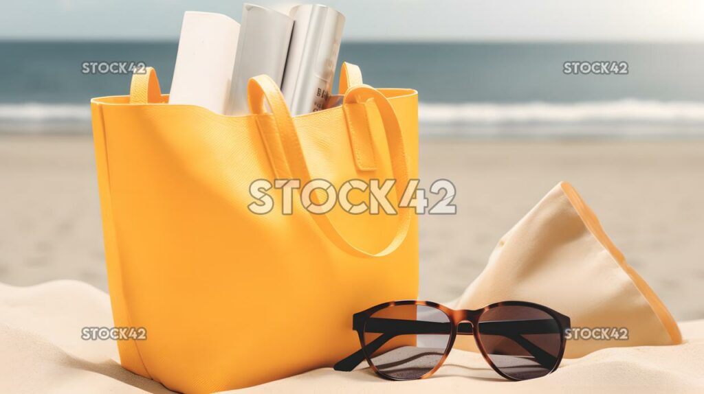 beach bag filled with sunscreen sunglasses and a book