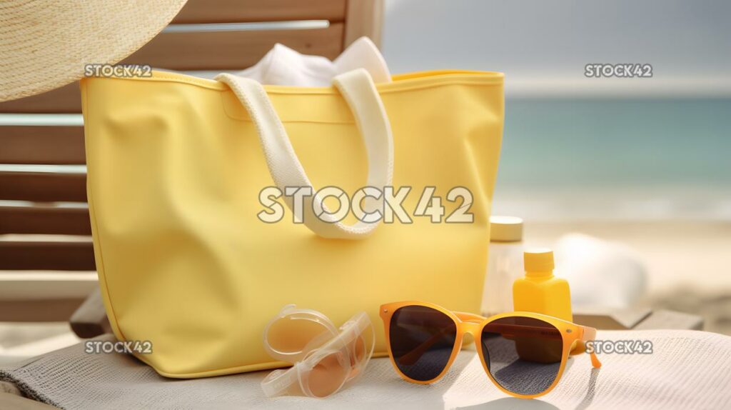 Bolsa de playa llena de gafas de sol con protector solar y un libro uno