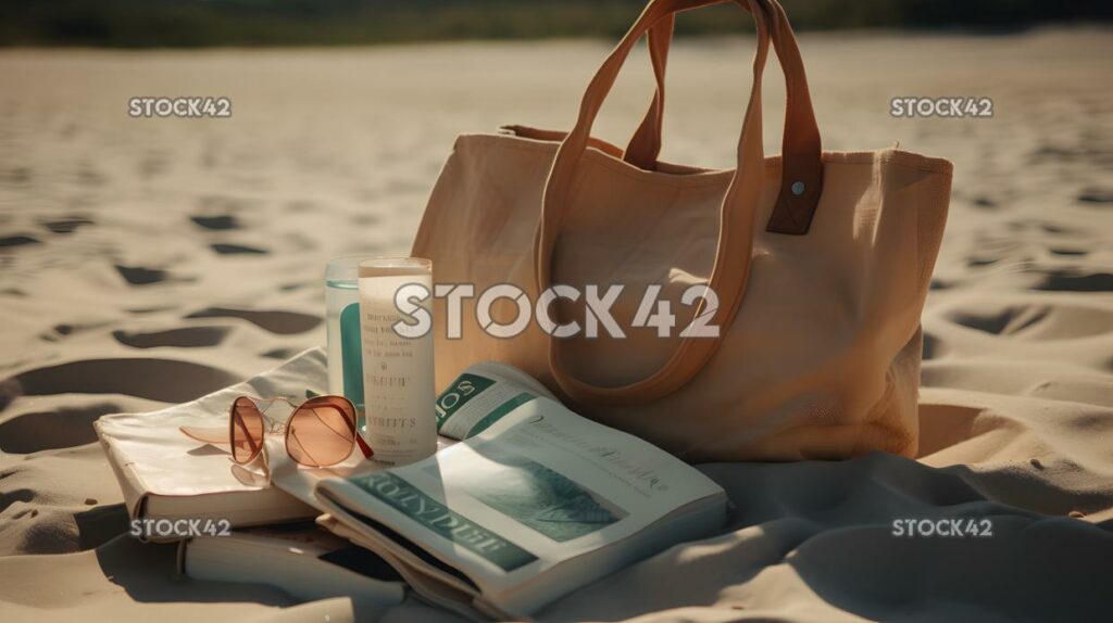 Strandtasche gepackt mit Handtüchern, Sonnencreme und einem guten Buch