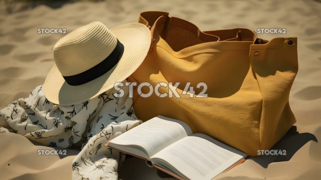 beach bag packed with towels sunscreen and a good book re one