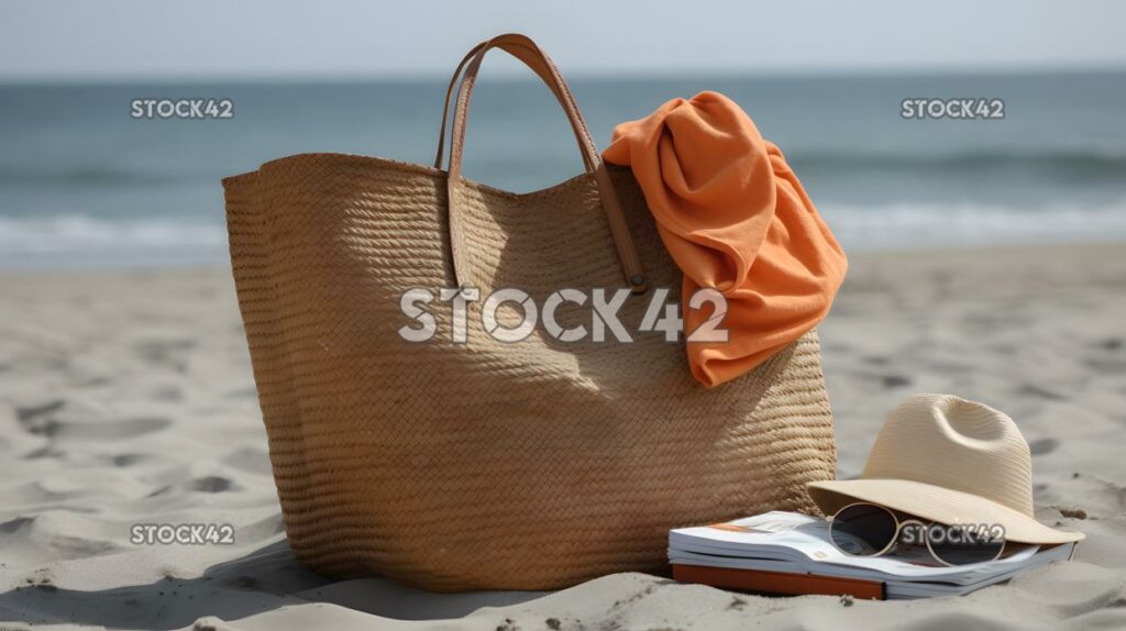 beach bag packed with towels sunscreen and a good book re two