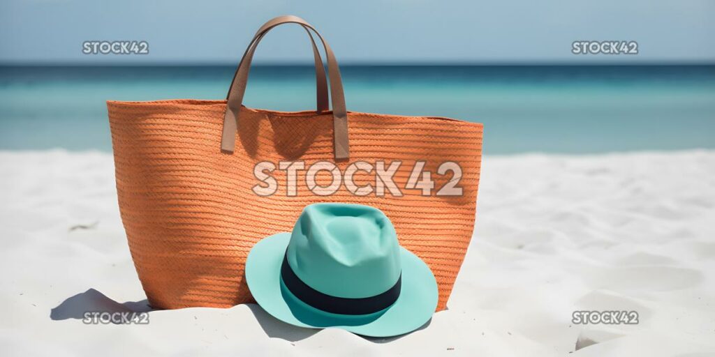 beach hat and a colorful tote bag sit on a sandy beach wi