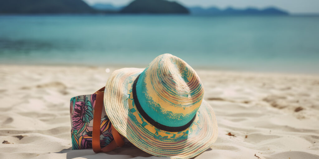 Sombrero de playa y una bolsa de mano colorida sentarse en una playa de arena con uno