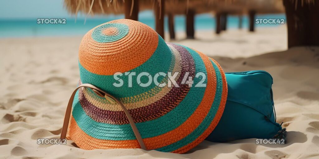 beach hat and a colorful tote bag sit on a sandy beach wi three