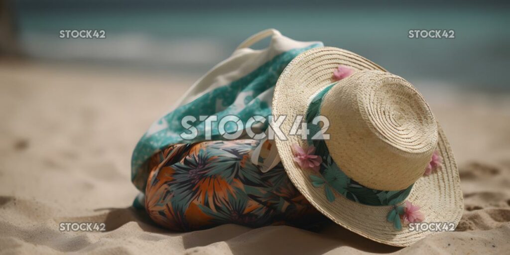 beach hat and a colorful tote bag sit on a sandy beach wi two