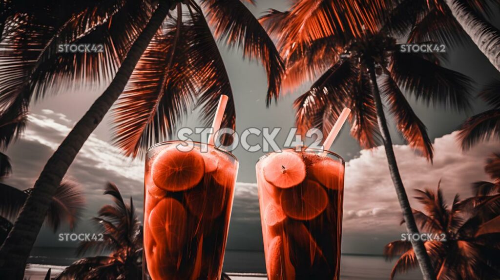 beach vacation palm trees tropical drinks high contrast