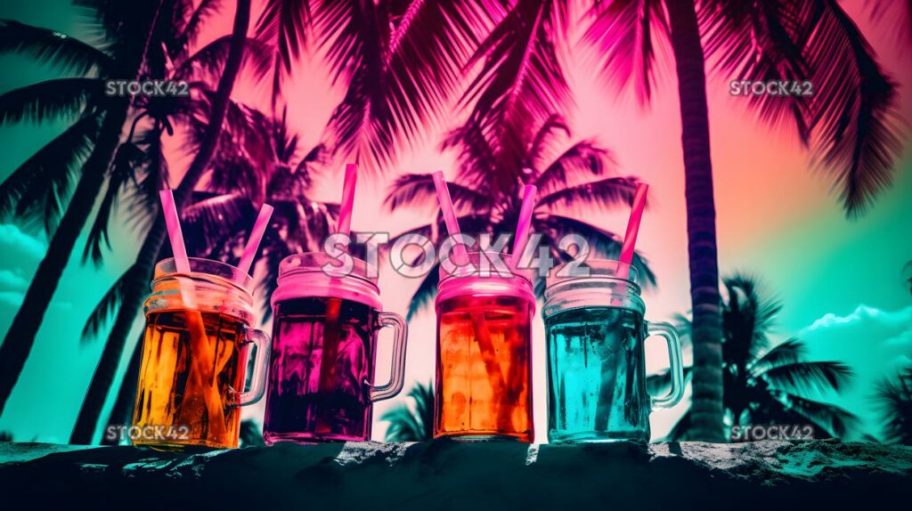 beach vacation palm trees tropical drinks high contrast two