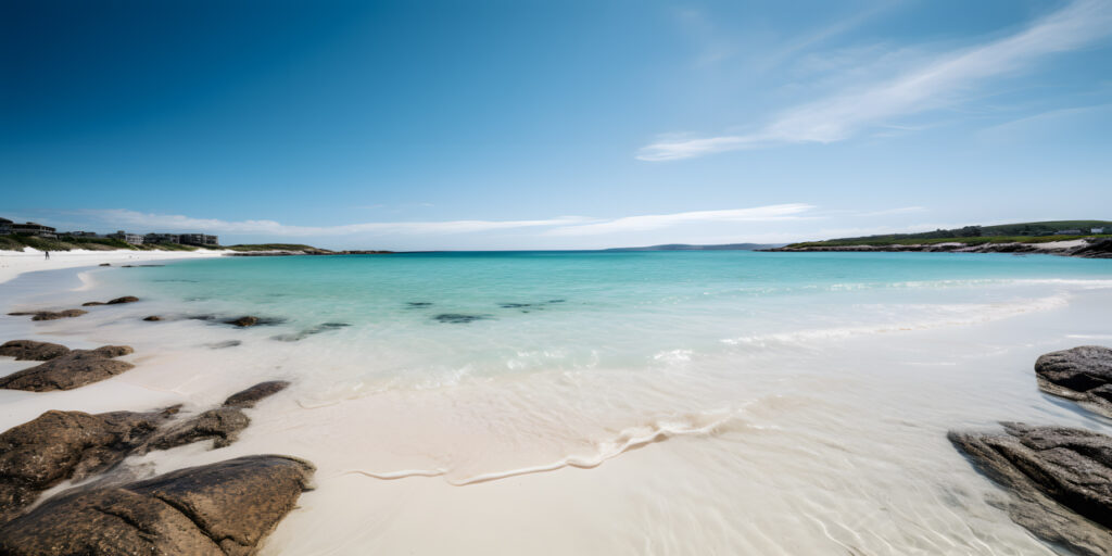 Strand mit ruhigem Wasser und blauem Himmel