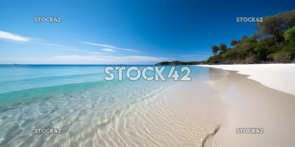 Strand mit ruhigem Wasser und blauem Himmel