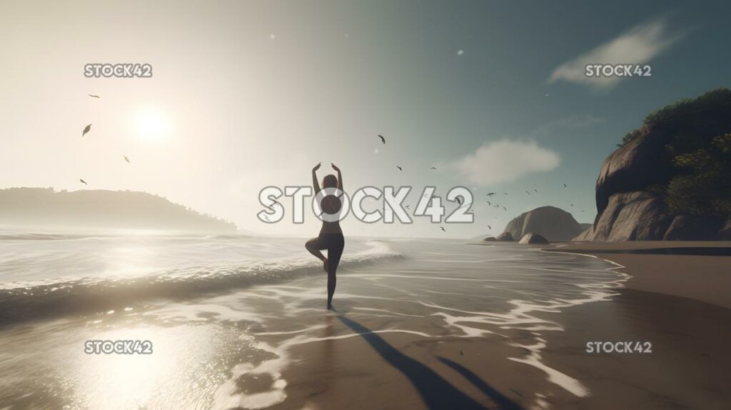 beach yoga sun salutations ocean views cinematic Hyper-re