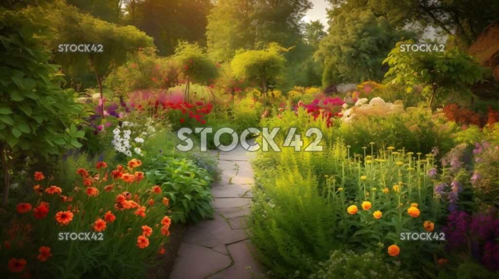 beautiful garden with colorful flowers and greenery