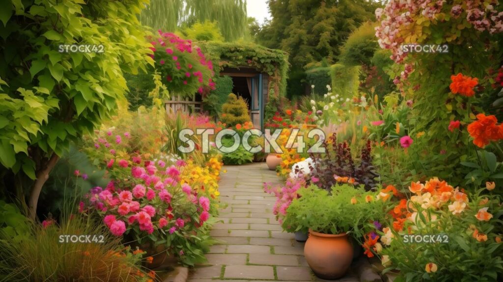 beautiful garden with colorful flowers and greenery one