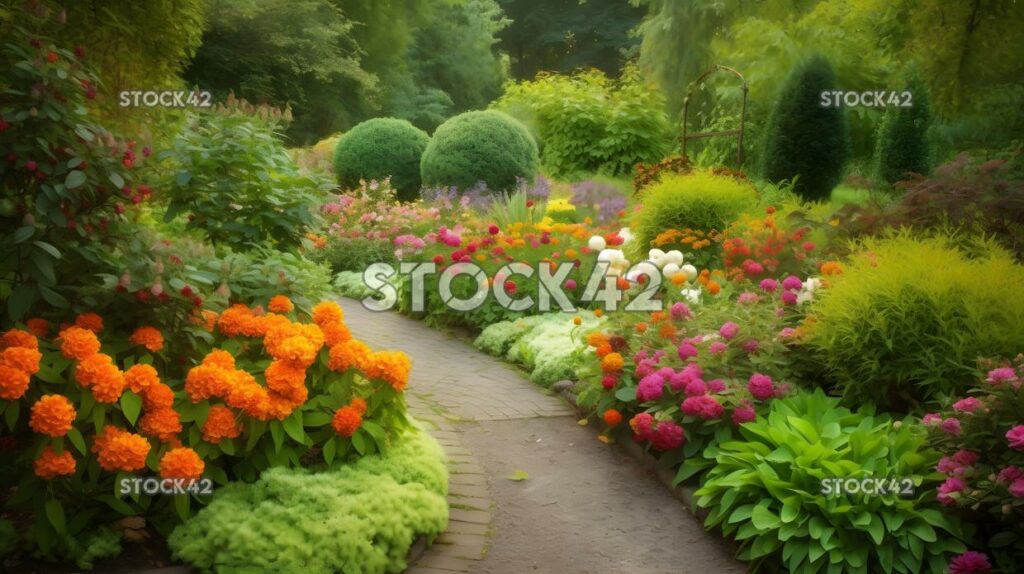 Hermoso jardín con flores coloridas y vegetación tres