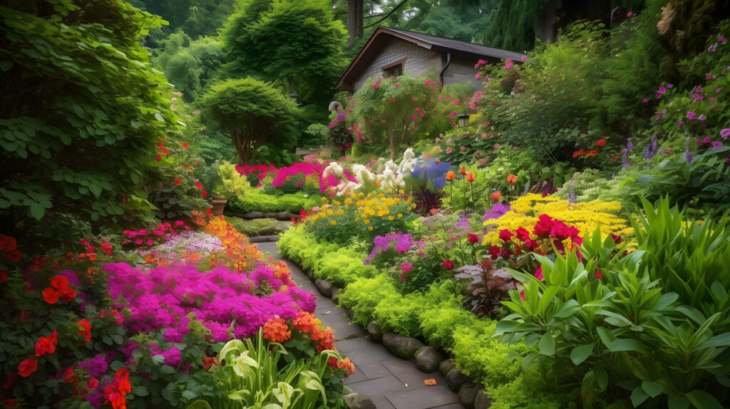 beautiful garden with colorful flowers and greenery two