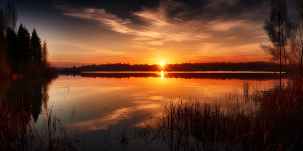 Hermosa puesta de sol sobre un lago sereno