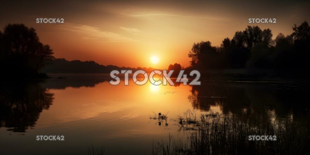 Hermosa puesta de sol sobre un sereno lago tres