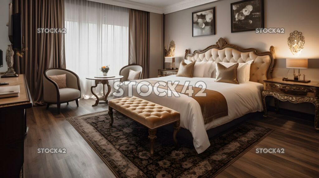 beautifully decorated hotel room with a plush bed and ele