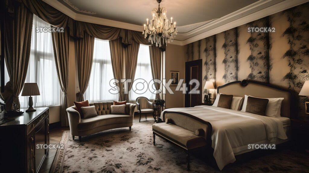 beautifully decorated hotel room with a plush bed and ele two