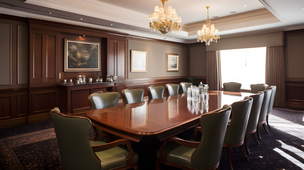 boardroom with a large impressive table and executive cha