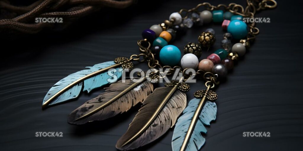 bohemian style necklace with feathers and beads