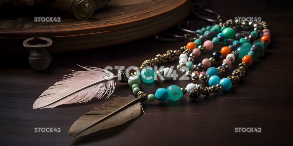 bohemian style necklace with feathers and beads three