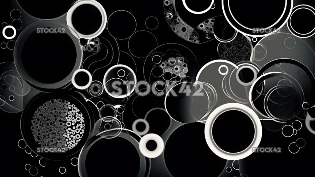 bold graphic pattern of black and white circles on a dark one