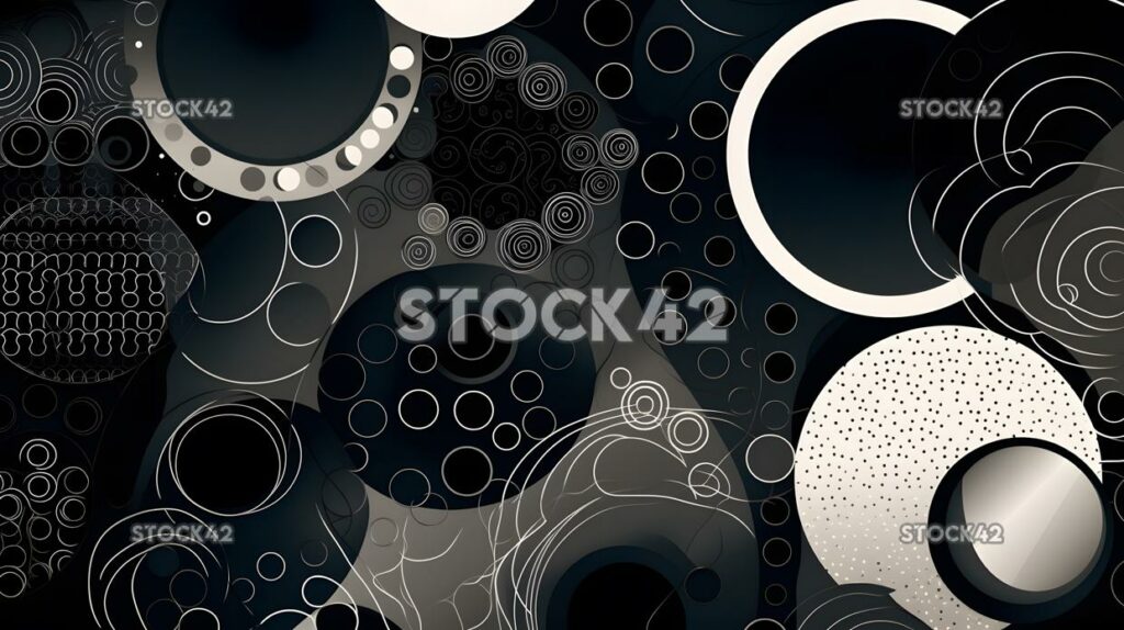 bold graphic pattern of black and white circles on a dark three