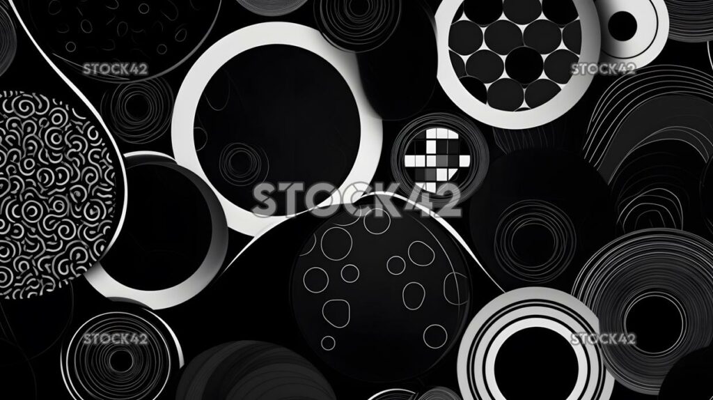 bold graphic pattern of black and white circles on a dark two