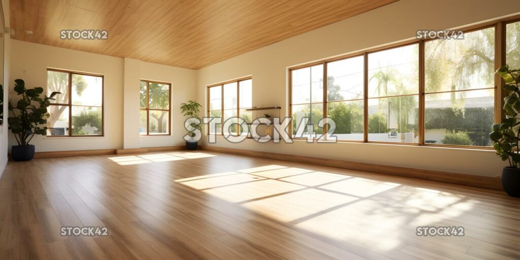 bright and airy yoga studio with bamboo floors and plenty