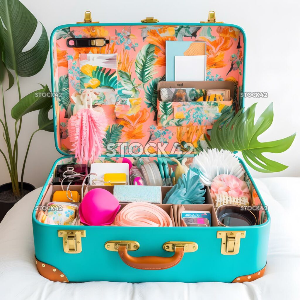 bright and colorful suitcase filled with all the essentia