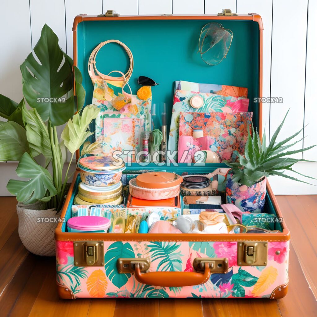 bright and colorful suitcase filled with all the essentia three