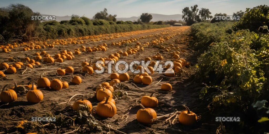 Leuchtend orangefarbenes Kürbisbeet bereit für die Ernte