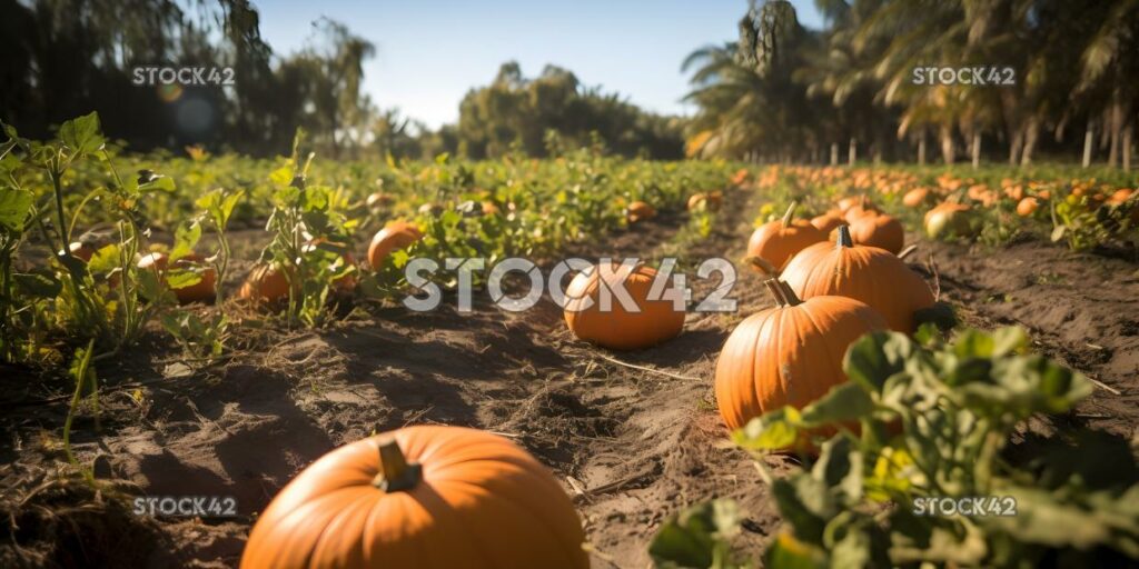 Parche de calabaza de color naranja brillante listo para cosechar uno