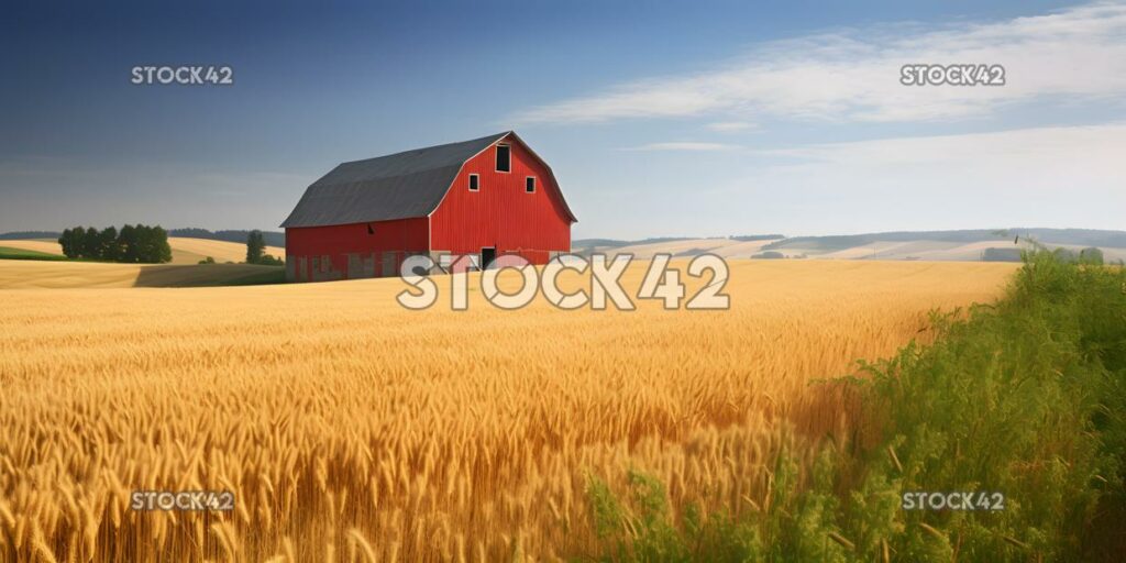 bright red barn surrounded by fields of wheat