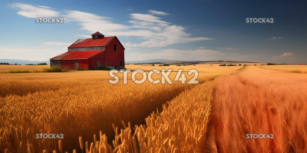 bright red barn surrounded by fields of wheat one