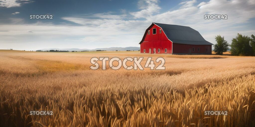 bright red barn surrounded by fields of wheat three