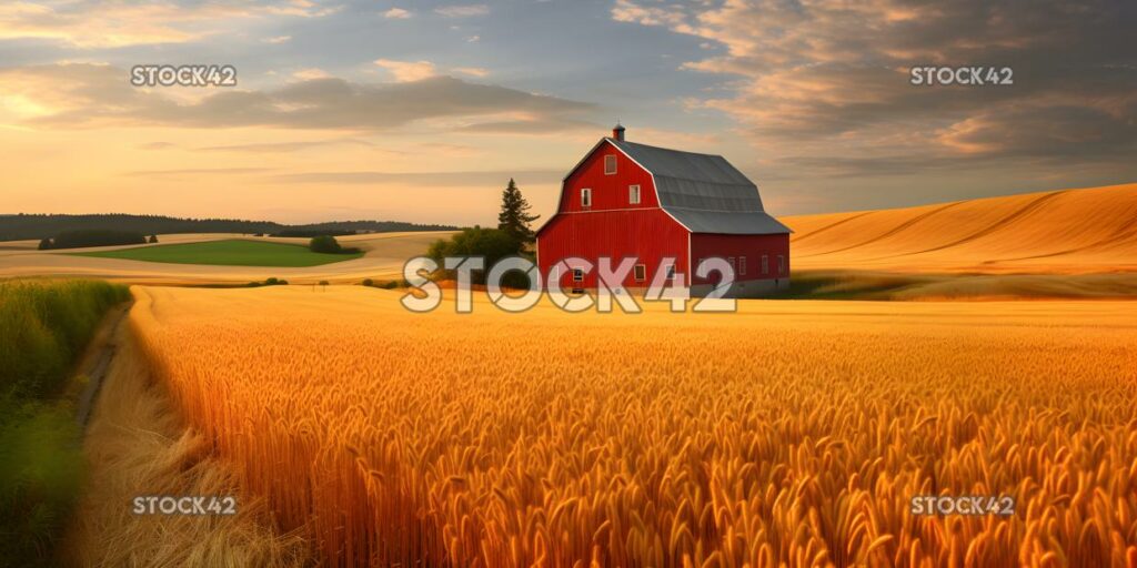 bright red barn surrounded by fields of wheat two