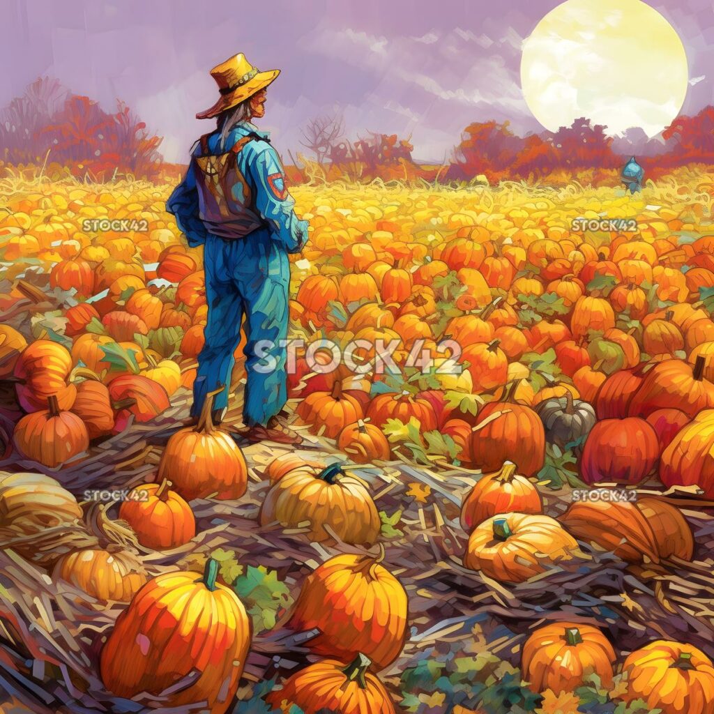 brightly colored scarecrow standing watch over a field of two