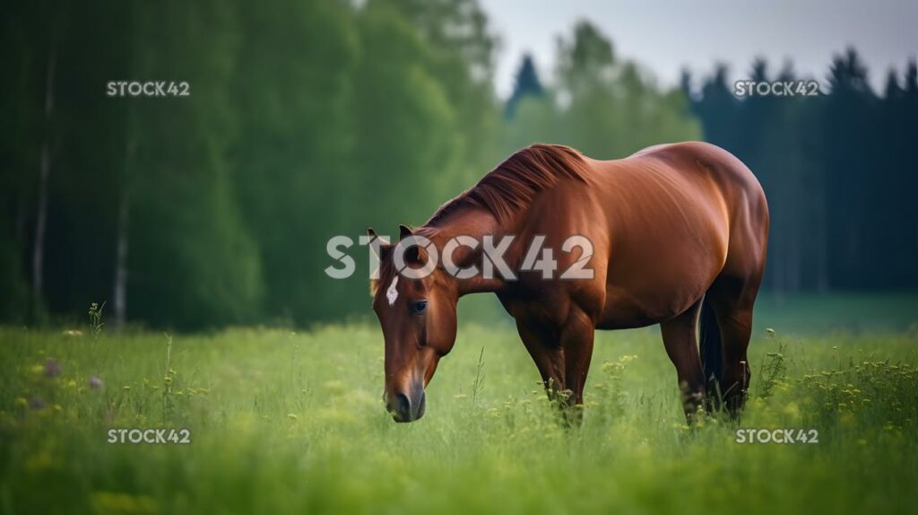 braunes Pferd, das auf grünem Gras auf einem Feld grast